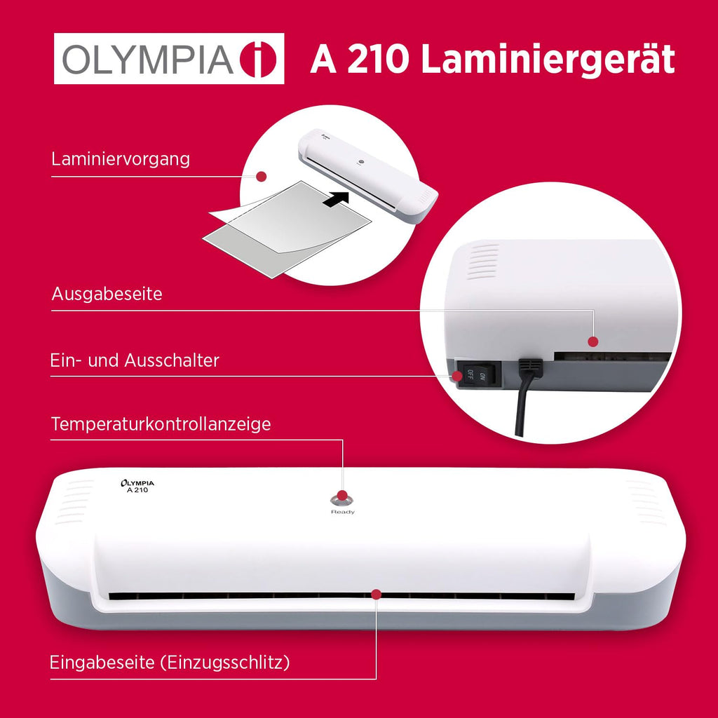 Olympia A210 4in1 Laminiergerät A4 | Laminierset A4 | Laminator | Schnelles Aufwärmen | Laminiermaschine, Papierschneider & Eckrunder | Ideal für Büro Schule & Heimgebrauch | Inkl. 15 Folien