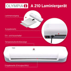Olympia A210 4in1 Laminiergerät A4 | Laminierset A4 | Laminator | Schnelles Aufwärmen | Laminiermaschine, Papierschneider & Eckrunder | Ideal für Büro Schule & Heimgebrauch | Inkl. 15 Folien
