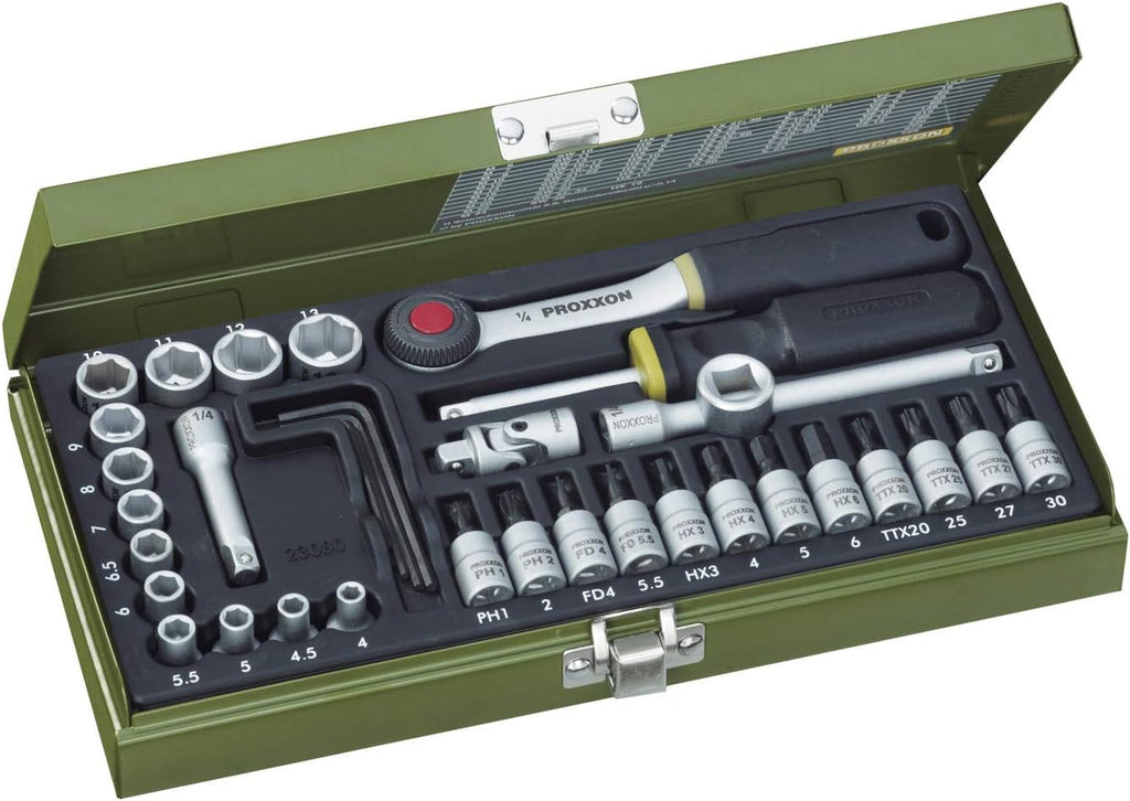 PROXXON Steckschlüsselsatz, Feinmechaniker-Satz mit 1/4"-Umschaltratsche sowie Schraubendrehergriff, 36-teiliges Werkzeug-Set mit Stahlkasten, 23080, 30 x 12.5 x 5 cm