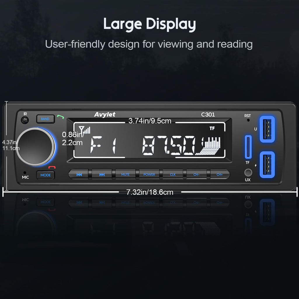 Avylet 7 LED-Farben, Auto-Stereo-Freisprecheinrichtung, Bluetooth 5.0, Autoradio, Stereo und Uhr, 4 x 60 W, FM-Radio, USB/AUX-In, MP3/WMA/WAV/SD, MP3-Player, kabellose Fernbedienung