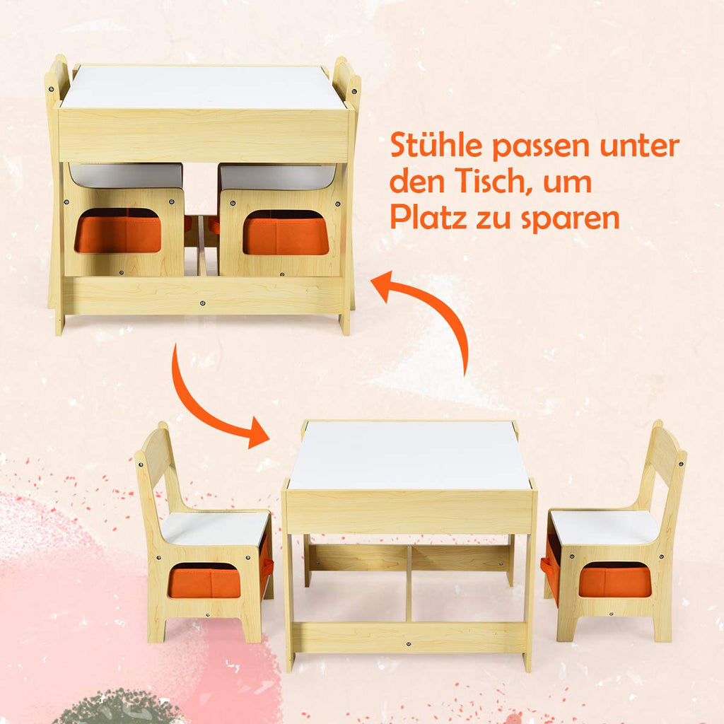 GOPLUS 3tlg. Kindersitzgruppe, 1 Kindertisch mit 2 Stühle, Kindermöbel Set aus Holz, Kindertischgruppe Indoor mit Stauraum, Maltisch für Kleinkind Mädchen Jungen