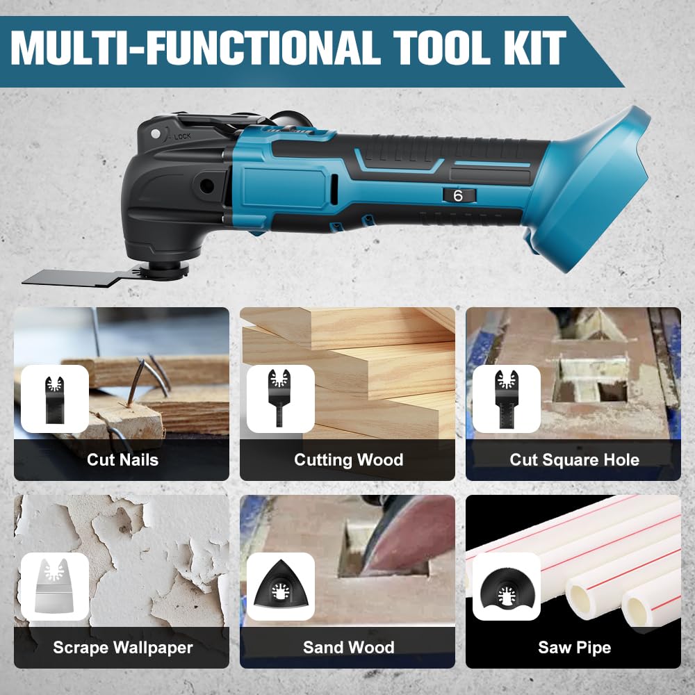 Multifunktionswerkzeug akku für Makita 18V Akku (Ohne Akku), Oszillationswerkzeug Akku mit 23 Zubehör, 6 Einstellbare Geschwindigkeiten Multitool zum Entfernen, Schaben, Schneiden