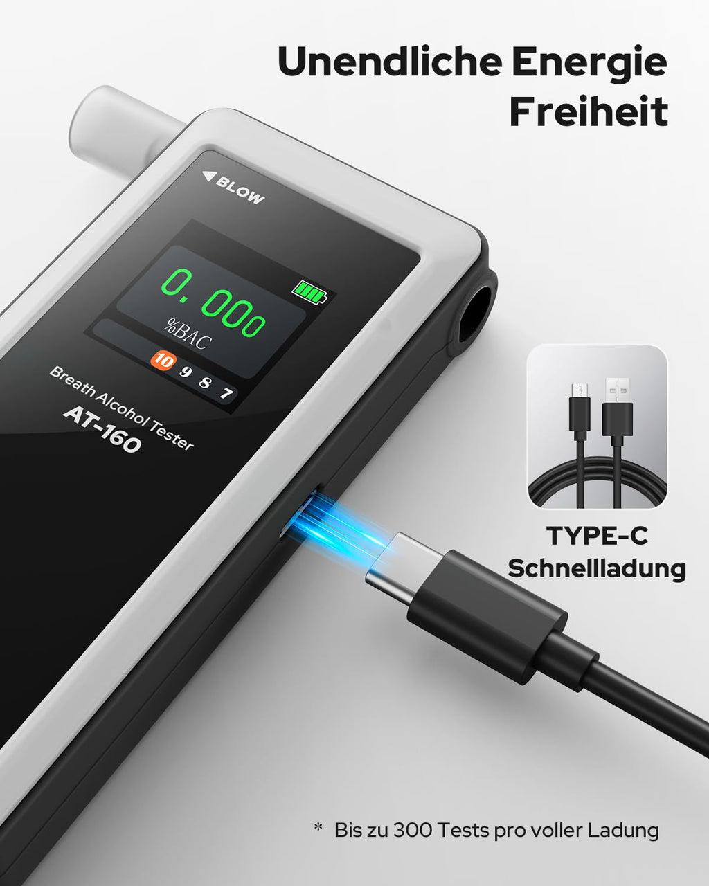LAFMATE AT-160 Alkoholtester, hochpräziser Promilletester mit Alarmschwelleneinstellung, Breathalyzer mit digitaler LCD-Anzeige, Speicherfunktion, Typ-C-Laden, 10 Mundstücke für Heimgebrauch