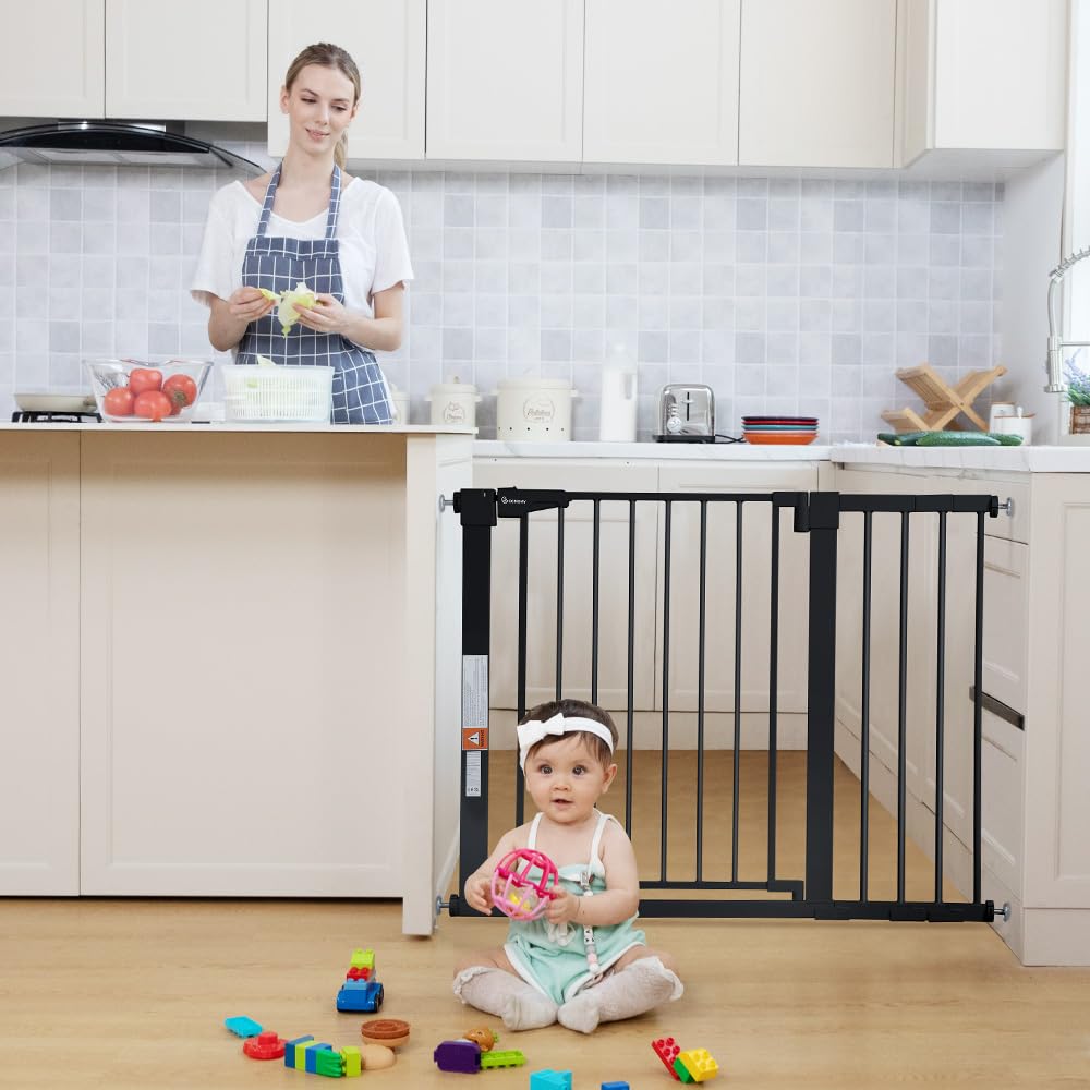 COMOMY 75 – 110 cm Sicherheitsbarriere für Kinder, Sicherheitsbarriere für Hunde, automatisches Schließen, Treppen und Türen ohne Bohren, breites Metallgitter mit Verlängerung (76 cm H, schwarz)