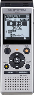 OM SYSTEM WS-882 hochwertiger digitaler Voice Recorder mit Stereomikrofonen, 6 Aufnahmemodi, Direkt-USB, eingebautem Ständer, 4 GB interner Speicher, Silber