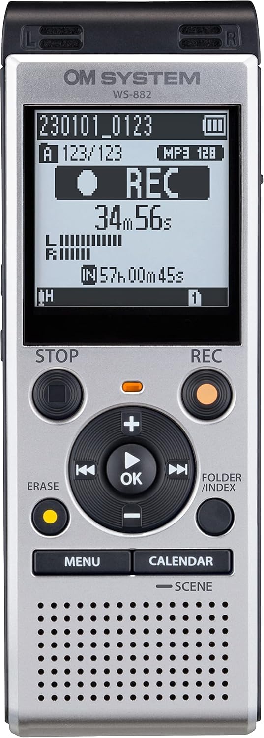 OM SYSTEM WS-882 hochwertiger digitaler Voice Recorder mit Stereomikrofonen, 6 Aufnahmemodi, Direkt-USB, eingebautem Ständer, 4 GB interner Speicher, Silber