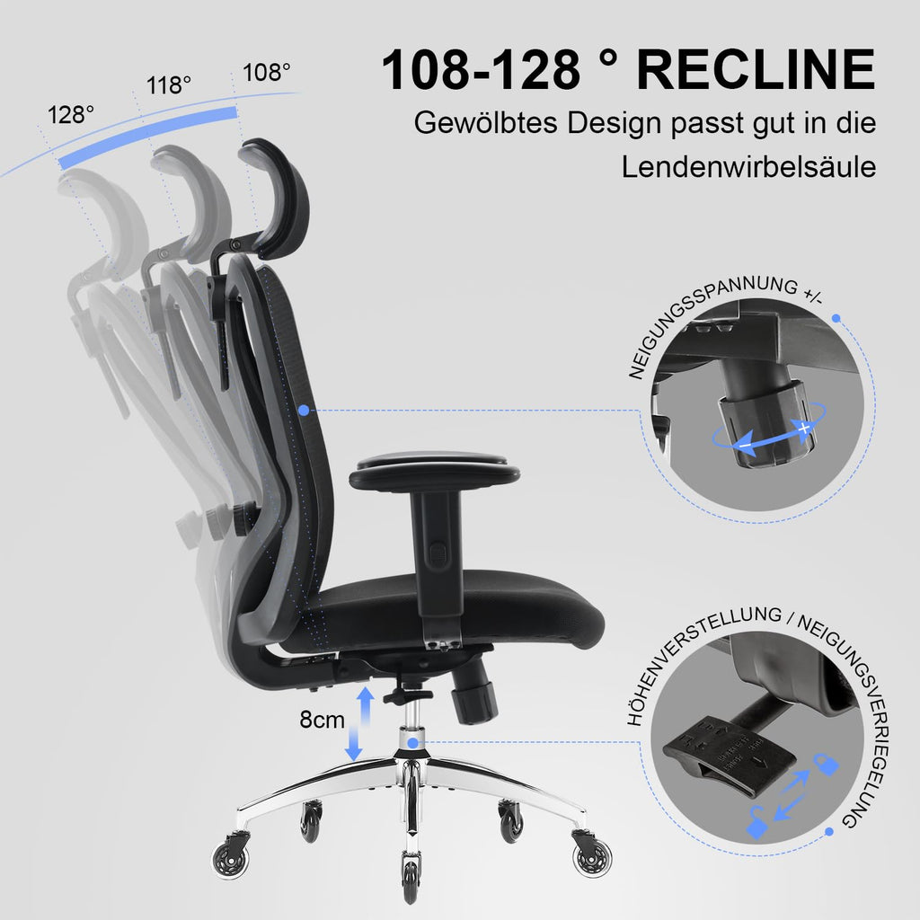 SIHOO Bürostuhl Ergonomischer [TESTSIEGER] Schreibtischstuhl, Drehstuhl hat Verstellbarer Lordosenstütze, Kopfstütze und Armlehne, Höhenverstellung und Wippfunktion, bis 150kg/330LB Belastbar