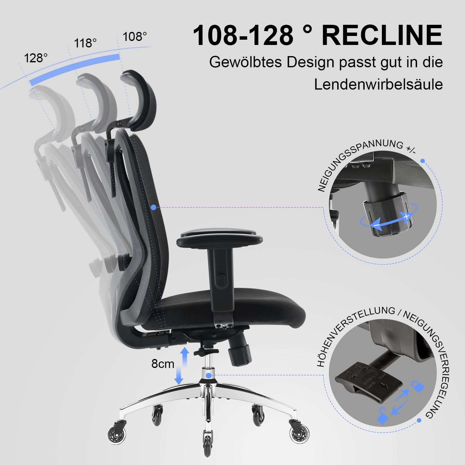 SIHOO Bürostuhl Ergonomischer [TESTSIEGER] Schreibtischstuhl, Drehstuhl hat Verstellbarer Lordosenstütze, Kopfstütze und Armlehne, Höhenverstellung und Wippfunktion, bis 150kg/330LB Belastbar