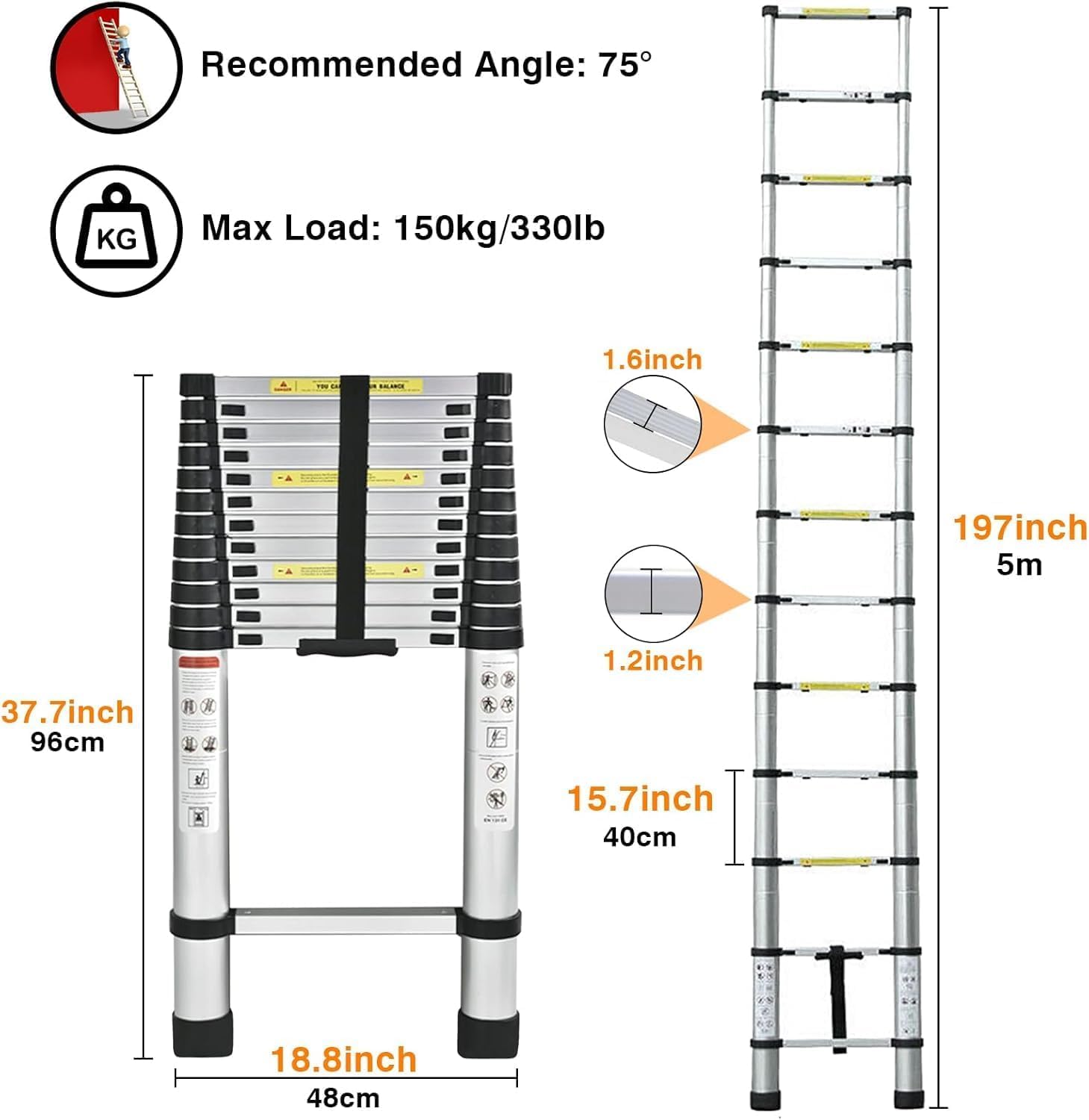 5M Teleskopleiter, Aluleiter Klappleiter Mehrzweckleiter Rutschfester Ausziehleiter Ausziehbare Leiter Sprossenleiter Stehleiter Tragbar Leichte Leiter Schiebeleiter 150 kg Belastbarkeit