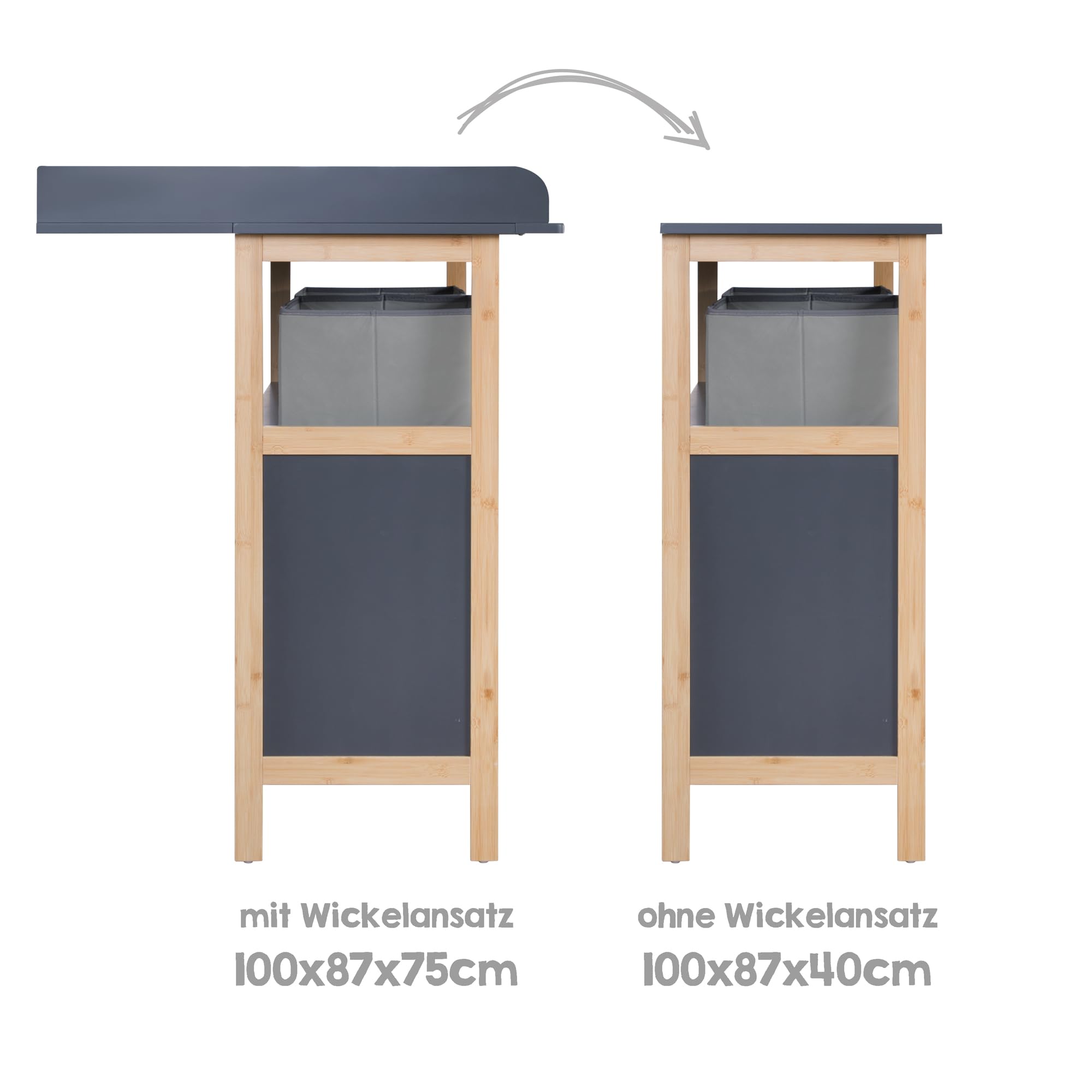 roba Wickelkommode Berlin inkl. abnehmbarem Wickelaufsatz - Wickeltisch mit Schubladen & Stoffboxen - Griffe + Rahmen aus Bambus Holz - Anthrazit