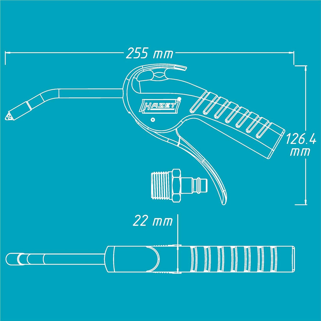 HAZET Ausblaspistole 9040P-3 I 100 mm lange, gebogene Düse, 6 bar Betriebsdruck, ergonomischer Griff I schnelles Entfernen von Spänen oder anderen Fremdkörpern I geräuscharm
