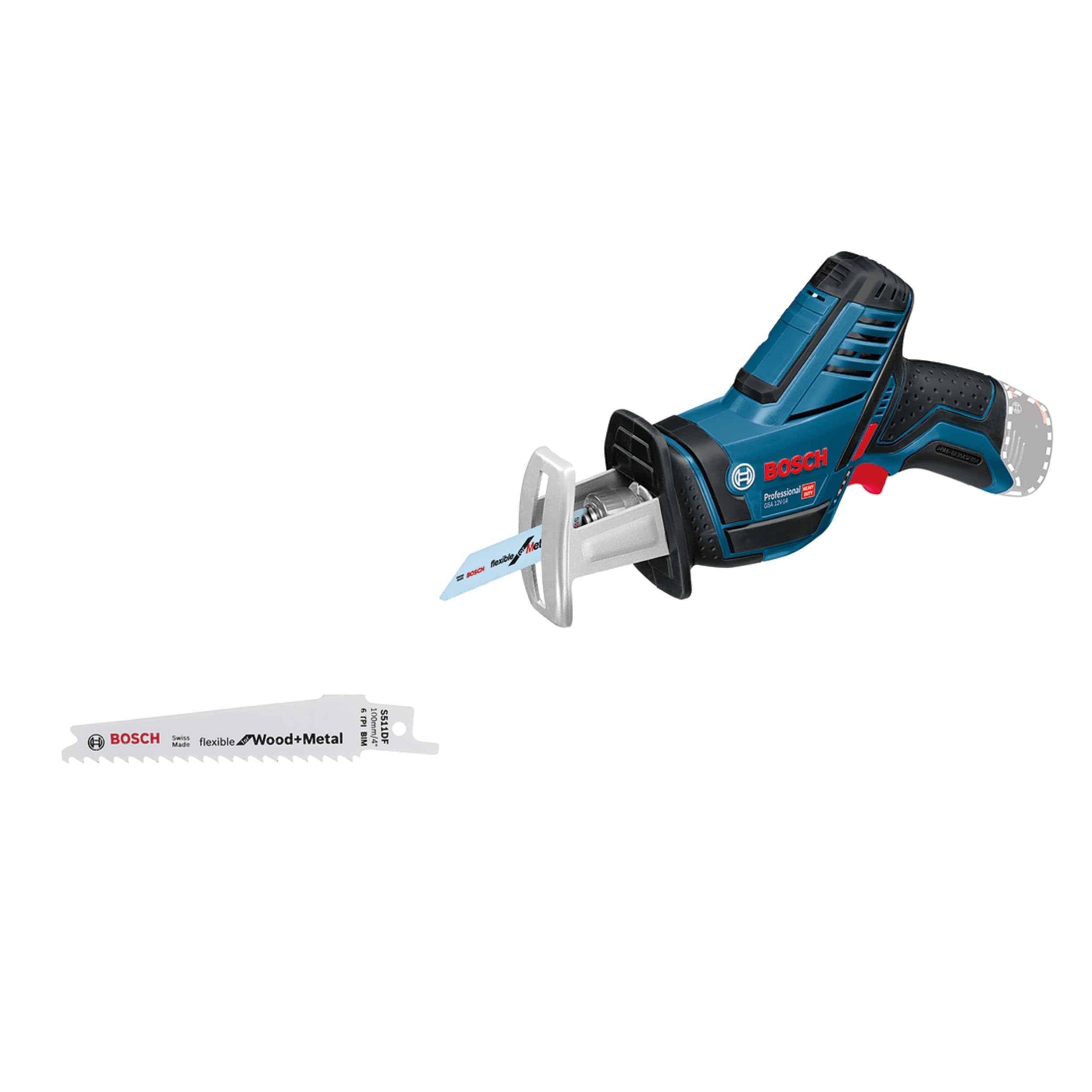 Bosch Professional 12V System Akku Säbelsäge GSA 12V-14 (Schnitttiefe Holz/Metallprofile: 65/50mm, inkl. 2 Sägeblätter, ohne Akku/ Ladegerät)