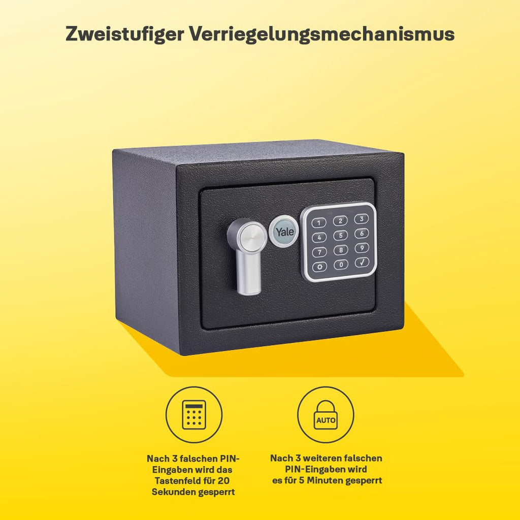 Yale Elektronischer Safe YSV/170/DB2, 3–8-stelliger PIN-Code, Anti-Bumping-Schloss, Auto-Sperre, LED-Indikatoren, gepolsterter Innenraum, Wand/Boden-Montage, Maße 170×230×170 mm, Volumen 3,8 L