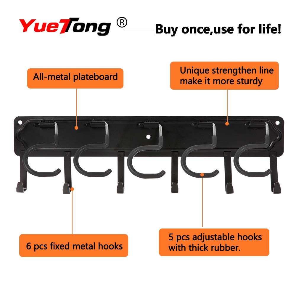 YueTong 172,7 cm Gartenwerkzeug-Organizer aus Metall, verstellbare Garagen-Wand-Organizer und Aufbewahrung, robuste Wandhalterung mit Haken für Besen, Rechen, Mop, Schaufel (4 Stück)