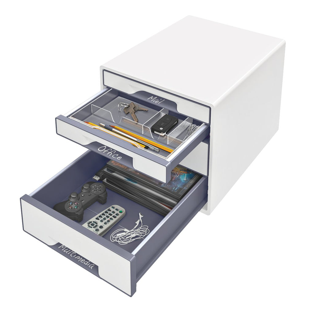 Leitz CUBE Schubladenbox mit 4 Schubladen, Weiß/Grau, A4, Inkl. transparentem Schubladeneinsatz, WOW, 52132001