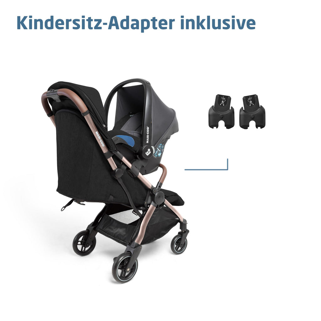 Maxi-Cosi Eva3 Kinderwagen, 0–4 Jahre, 0–22 kg, Baby Kinderwagen, Leicht und kompakt, Flache Liegeposition, 3 Liegepositionen, Automatisch mit 1 Hand klappbar, Tragegurt, Essential Black Champagne