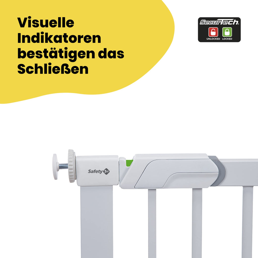 Safety 1st Flat Step Gate, Treppenschutzgitter ohne Bohren, 73–80 cm (max. 101 cm erweiterbar), Sehr Flache Türkante, Türschutzgitter "Bleibt Offen", Mit Einer Hand Öffnen, Montage ohne Bohren, Weiß