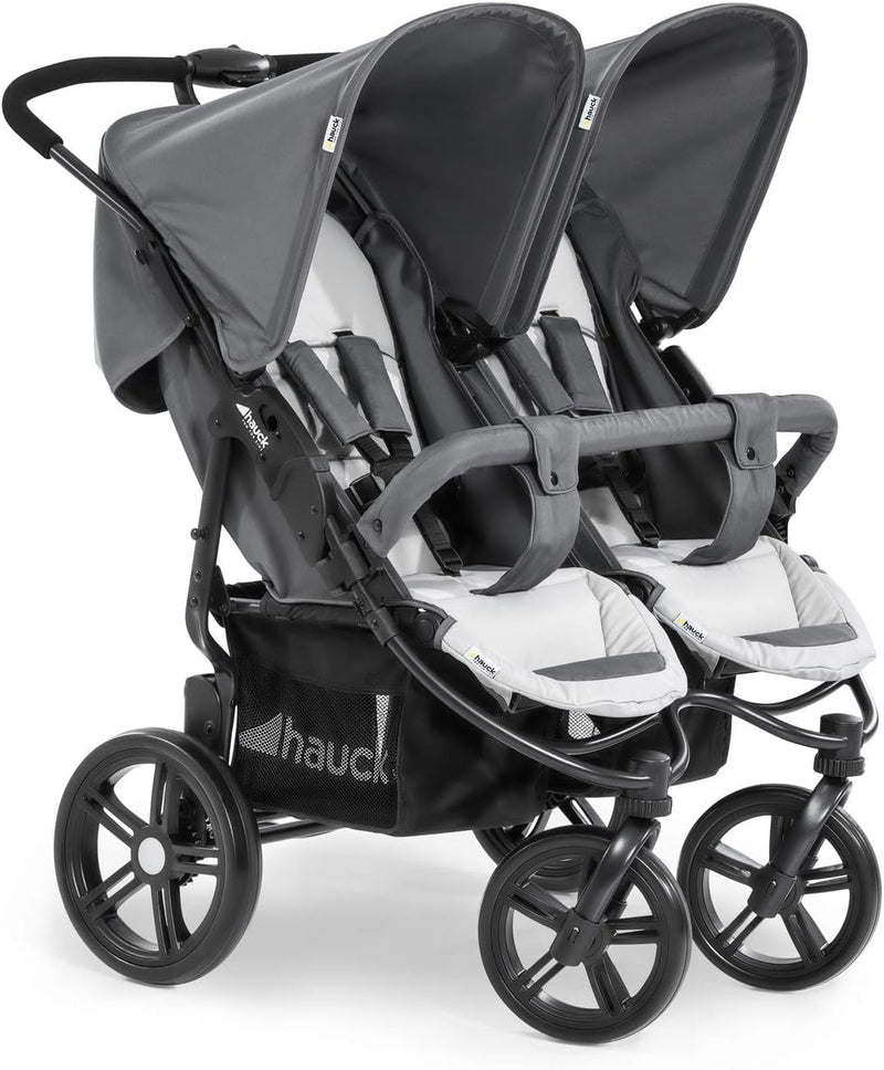 hauck Geschwisterwagen Roadster Duo SLX, Zwillingsbuggy ab Geburt bis 15 kg (ca. 3 Jahren) mit Liegefunktion, XL Korb, Einfach und Klein Zusammenklappbar, Große Räder (Grey/Silver)
