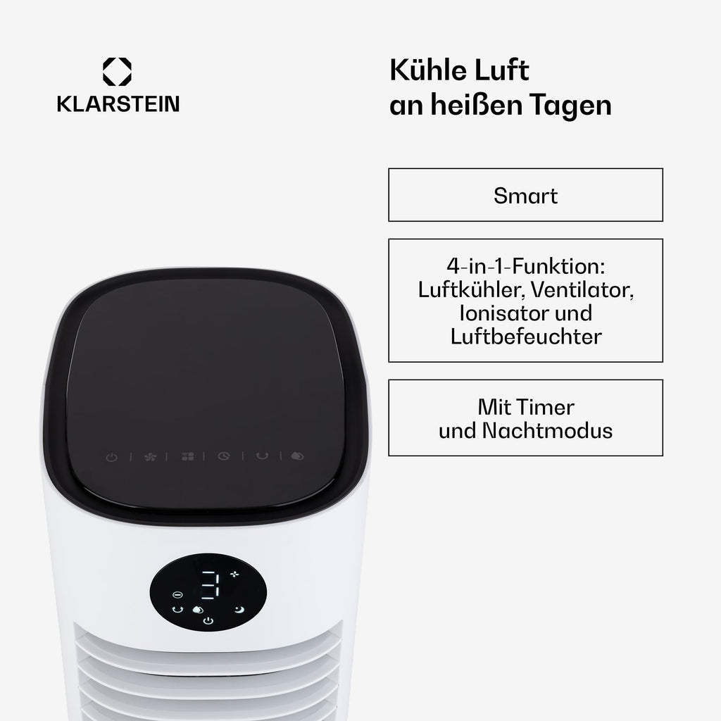 Klarstein Luftkühler mit Wasserkühlung, 5-in-1 Verdunstungskühler, Luftbefeuchter, Ventilator & Luftreiniger, Mobile Klimageräte Luftkühler mit App-Steuerung, 80W Air Cooler, 462m³/h Luftstrom