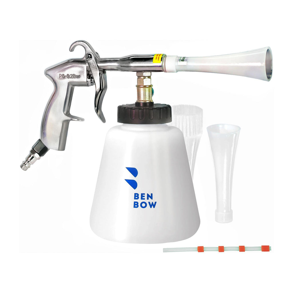 BenBow Druckluft Reinigungspistole Classic - Wirbelwind-Effekt für effiziente Schmutzentfernung im Auto - mit 1-Liter-Behälter, Trichter und Trichter mit Bürste