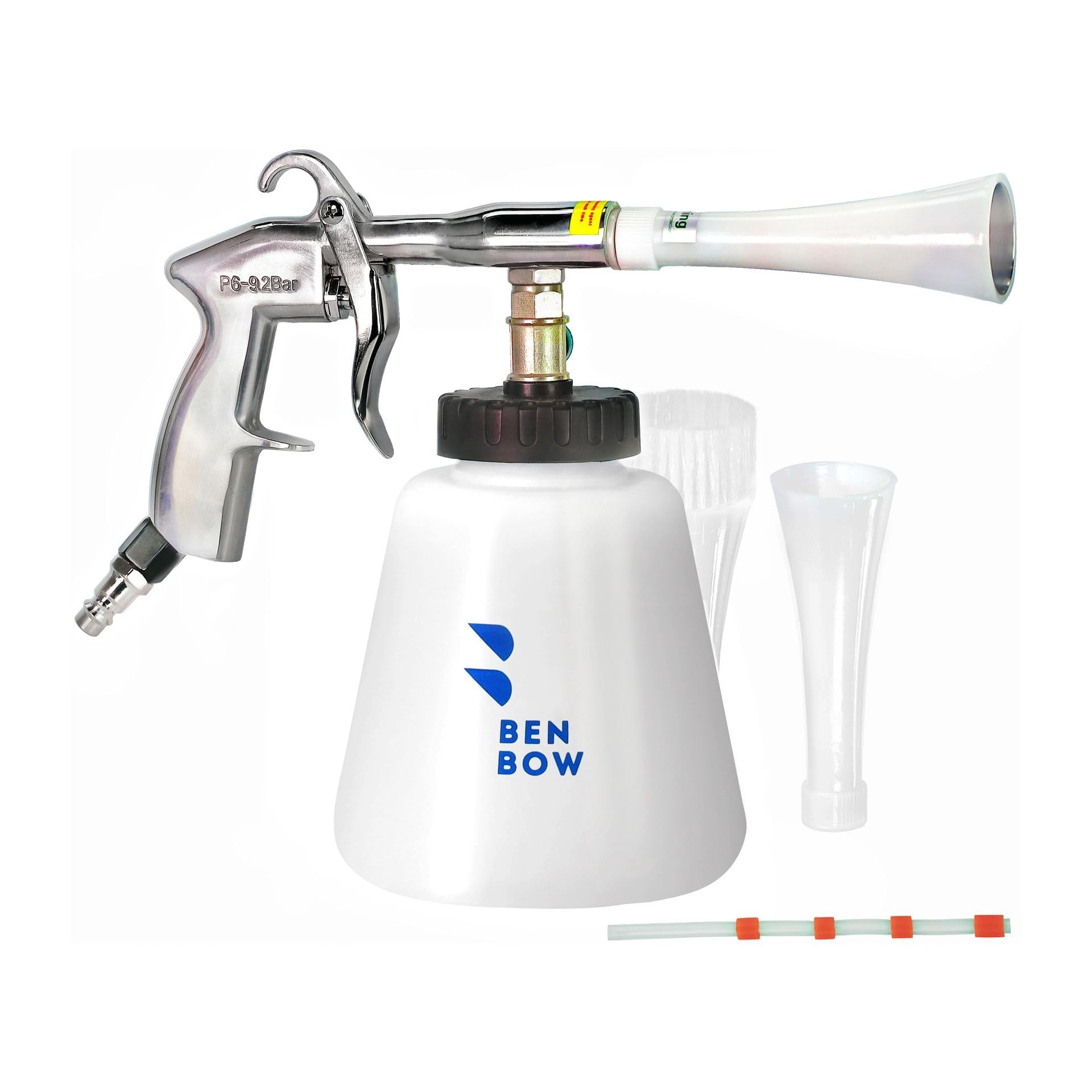 BenBow Druckluft Reinigungspistole Classic - Wirbelwind-Effekt für effiziente Schmutzentfernung im Auto - mit 1-Liter-Behälter, Trichter und Trichter mit Bürste