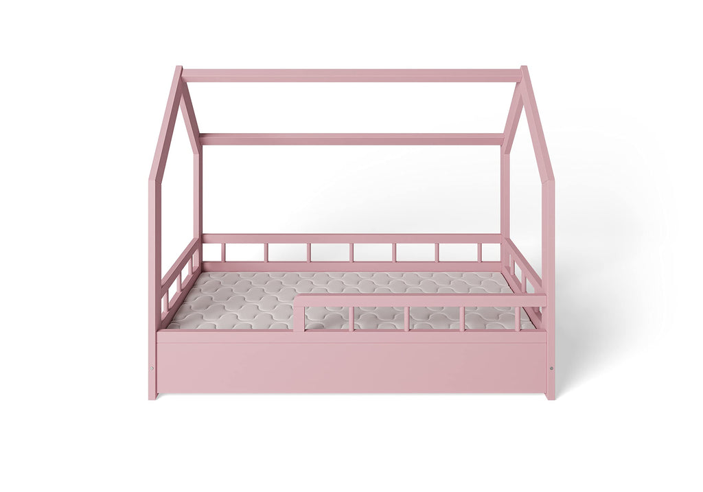 ms factory Hausbett mit Matratze Kinderbett 80x160 cm mit Rausfallschutz und Lattenrost - Einzelbett aus Kiefernholz für Mädchen und Junge - Rosa
