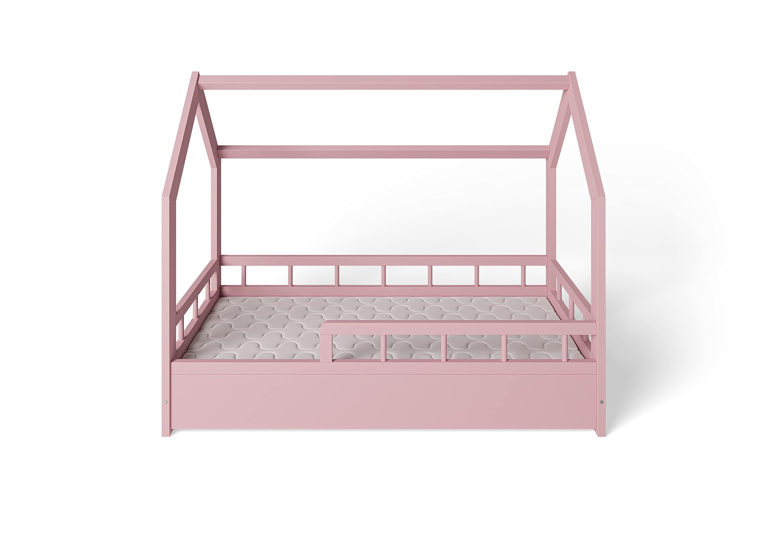 ms factory Hausbett mit Matratze Kinderbett 80x160 cm mit Rausfallschutz und Lattenrost - Einzelbett aus Kiefernholz für Mädchen und Junge - Rosa
