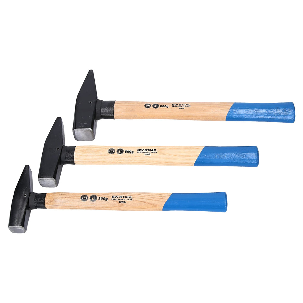 SW-Stahl 50930L Schlosshammer-Set mit Stielschutz 3-teilig I Werkzeughammer aus Hickoryholz I Hammer mit Kopfgewichten 300g - 500g - 800g I Schlosser Hammer Set Werkstatt