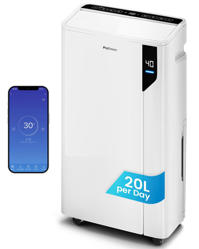 Pro Breeze 20L Smart Luftentfeuchter elektrisch - Luftentfeuchter mit Kompressor, Smart App Steuerung, Feuchtigkeitssensor, Luftfilter, Wäschemodus, Timer - Gegen Schimmel - Entfeuchter für bis 35m²