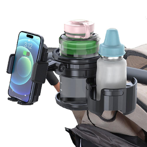3-in-1-Kinderwagen-Becherhalter-Befestigung, Universal-Getränkehalter mit verstellbarer Handyhalterung, doppelter Getränkehalter für Walker, Rollstuhl, passend für die meisten Donna, Uppababy, Bugaboo