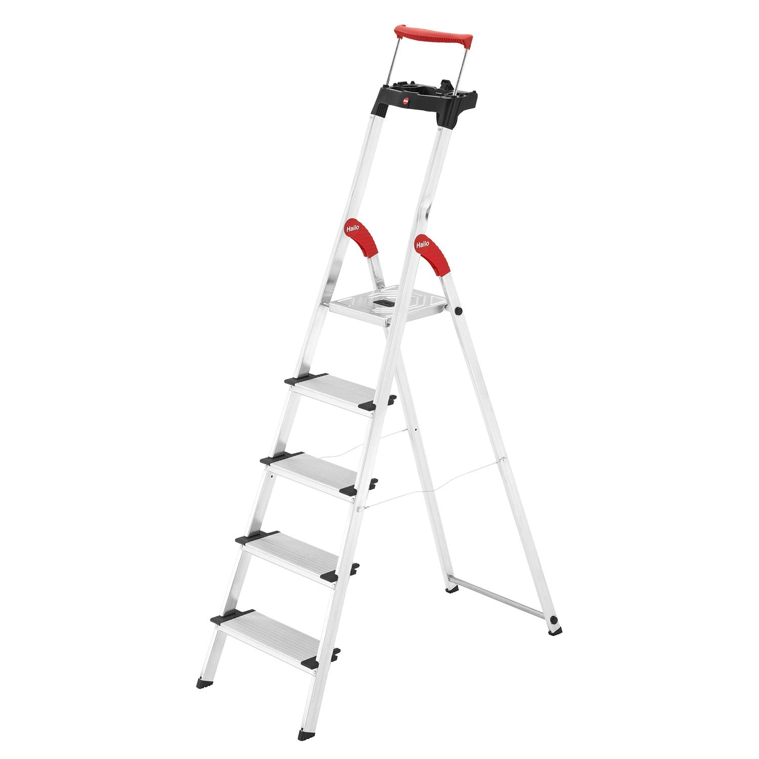 Hailo L85 ComfortLine Alu-Sicherheits-Stehleiter | 5 XXL-Stufen belastbar bis 150 kg | Tiefe Standfläche & Haltegriff |Stehleiter mit Ablage | Aluleiter Made in Germany | Leiter rostfrei | Silber