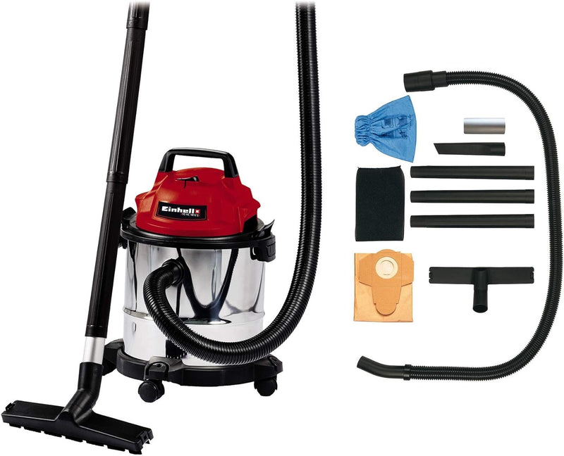 Einhell TC-VC 1812 S Nass-Trockensauger (1.250 W Leistung, 36mm Schlauchsystem, 12 l Edelstahlbehälter, Schaumstofffilter, umfangr. Düsenzubehör)