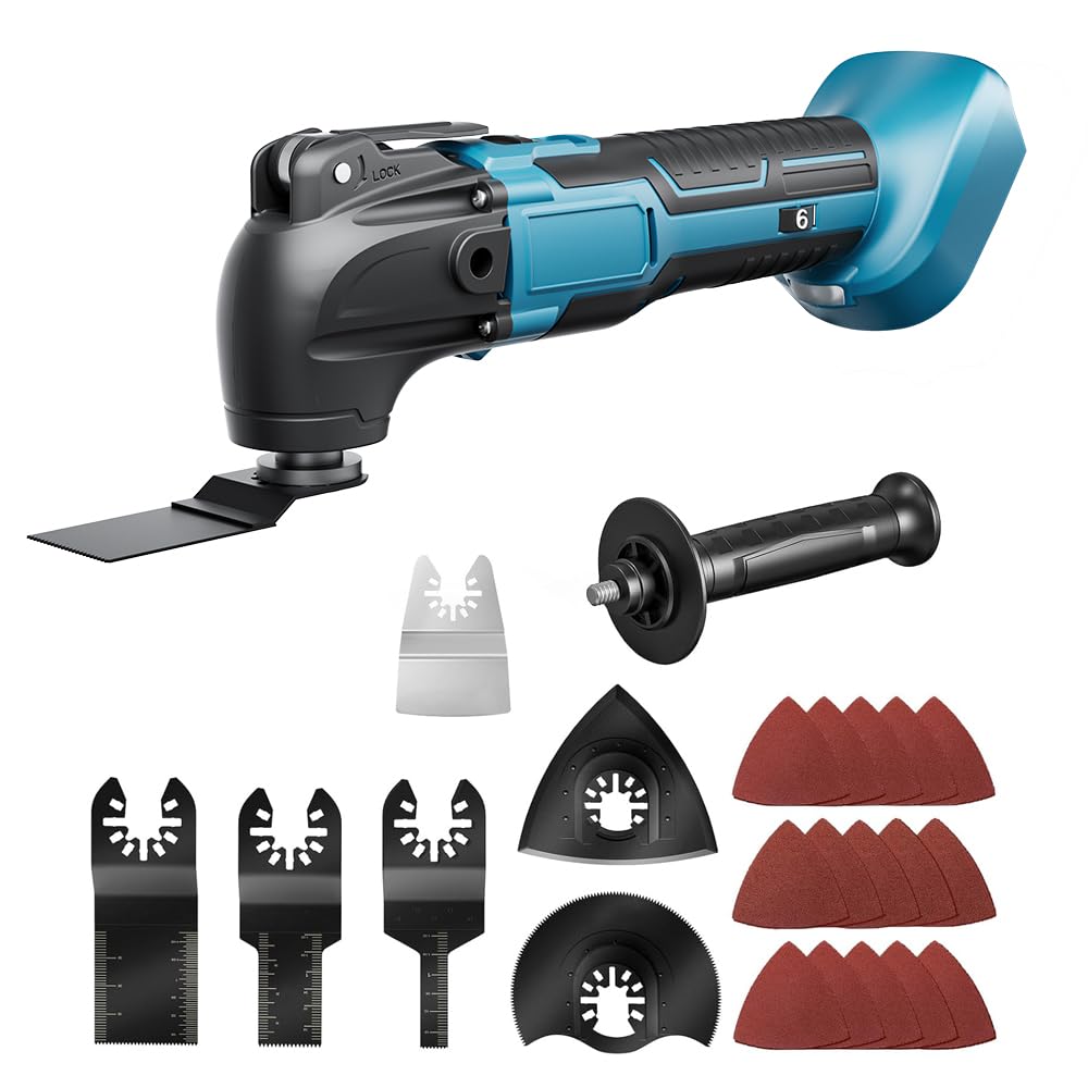 Multifunktionswerkzeug akku für Makita 18V Akku (Ohne Akku), Oszillationswerkzeug Akku mit 23 Zubehör, 6 Einstellbare Geschwindigkeiten Multitool zum Entfernen, Schaben, Schneiden