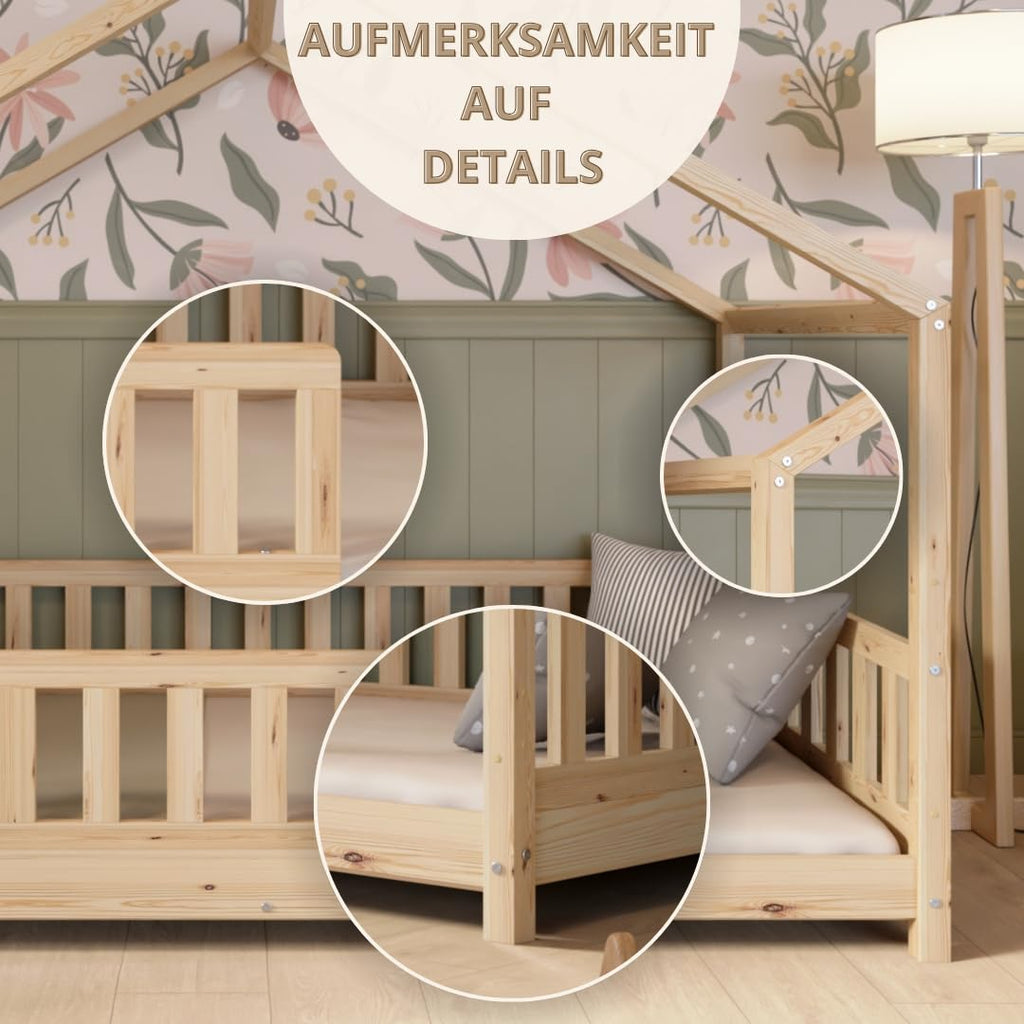 Crazy Pine Hausbett 140x200 cm – Kinderbett aus Naturholz mit Rausfallschutz – Montessori Bodenbett mit Höhenverstellbaren Beinen und Abnehmbarer Barriere - Crazy House