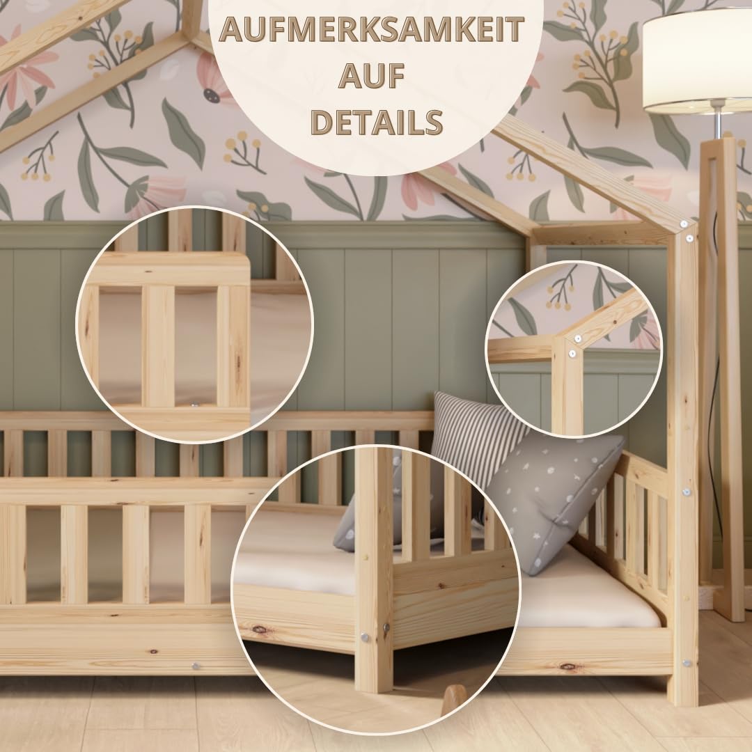 Crazy Pine Hausbett 140x200 cm – Kinderbett aus Naturholz mit Rausfallschutz – Montessori Bodenbett mit Höhenverstellbaren Beinen und Abnehmbarer Barriere - Crazy House