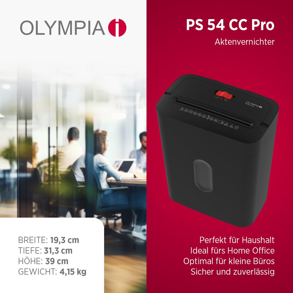 OLYMPIA PS 54 CC Pro Aktenvernichter | Papierschredder mit Partikelschnitt 4×38 mm | Schredder Aktenvernichter für Home Office | Shredder Papier 8-Blatt | Mit universal Aufsatz | Paper Shredder