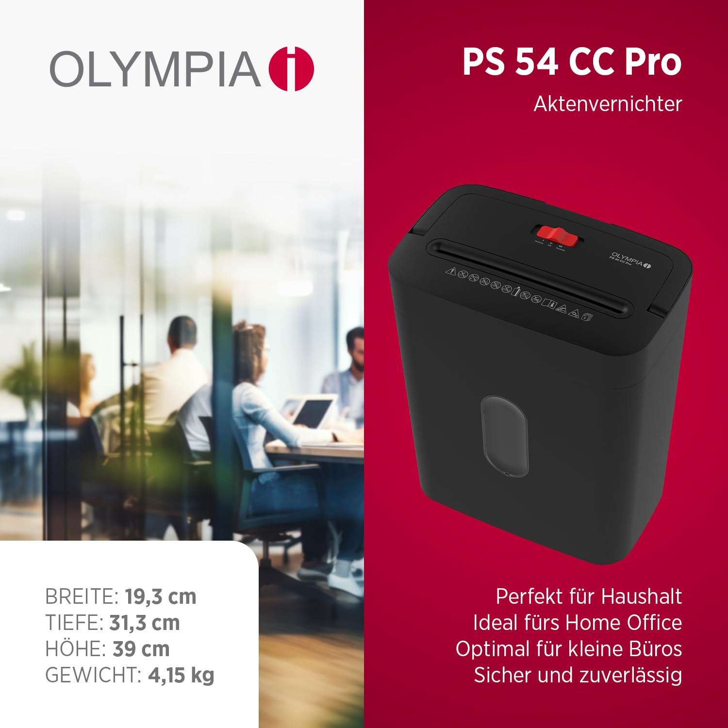 OLYMPIA PS 54 CC Pro Aktenvernichter | Papierschredder mit Partikelschnitt 4×38 mm | Schredder Aktenvernichter für Home Office | Shredder Papier 8-Blatt | Mit universal Aufsatz | Paper Shredder