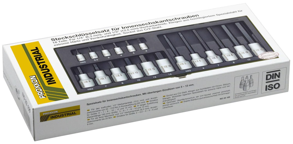PROXXON Spezialsatz für Innensechskantschrauben, Für 1/4"-Vierkantantrieb und 1/2"-Vierkantantrieb, 18-teiliges Werkzeug-Set mit Stahlkasten, 23100
