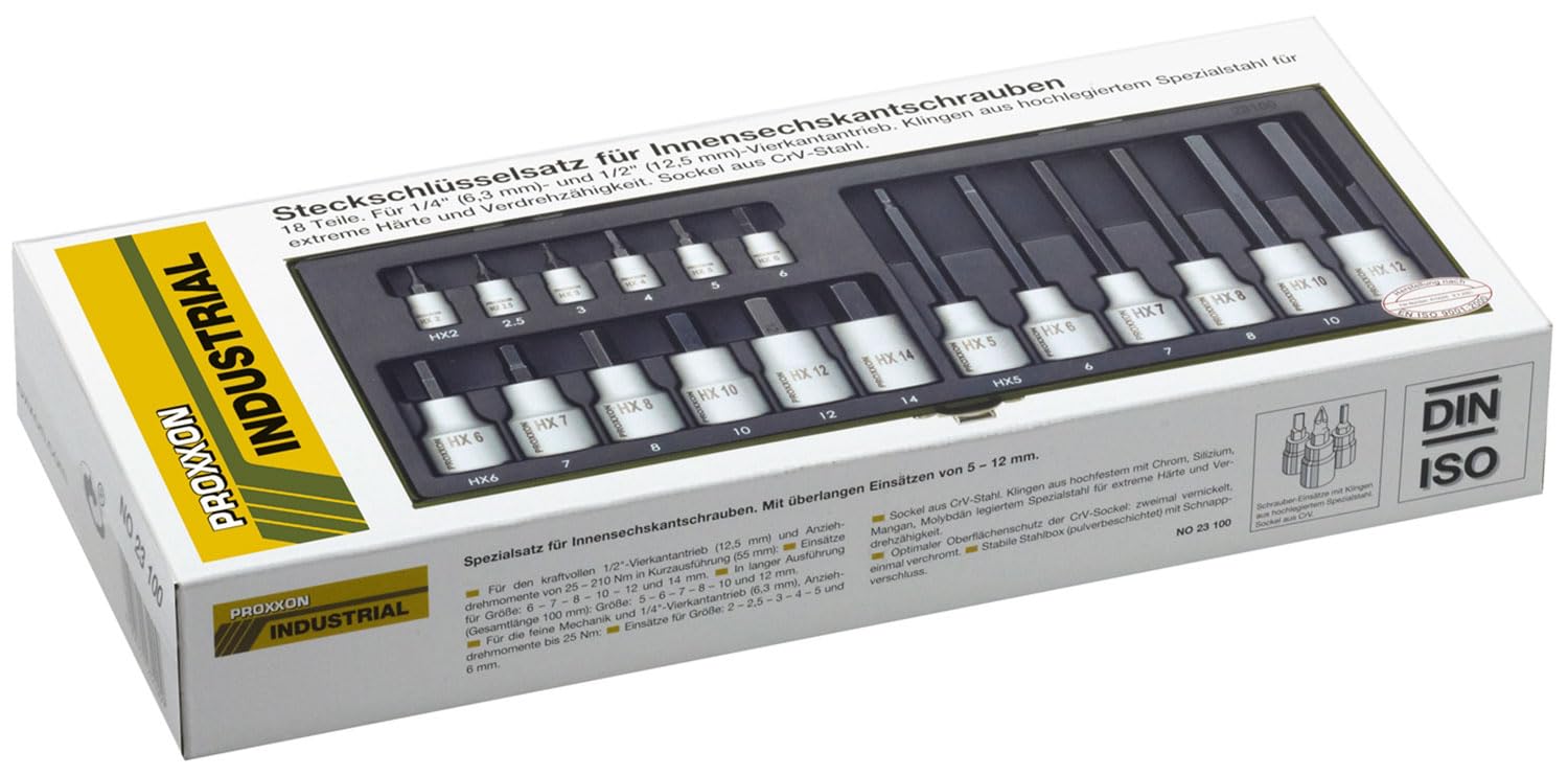 PROXXON Spezialsatz für Innensechskantschrauben, Für 1/4"-Vierkantantrieb und 1/2"-Vierkantantrieb, 18-teiliges Werkzeug-Set mit Stahlkasten, 23100