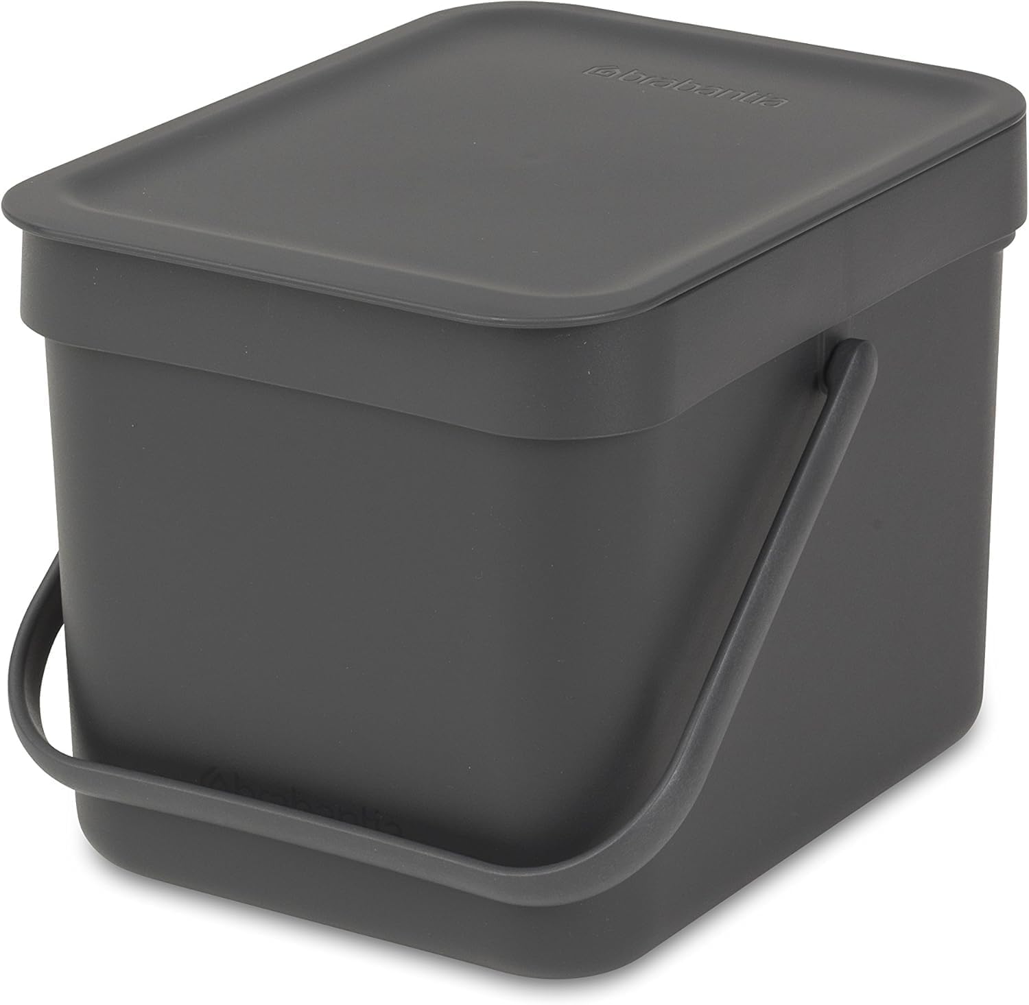 Brabantia Sort & Go Abfalleimer mit Deckel 6 L (grau), platzsparender Biomüll Behälter mit Griff, abnehmbarer, feststellbarer Deckel, leicht zu reinigender kleiner Mülleimer ohne Ecken und Ränder