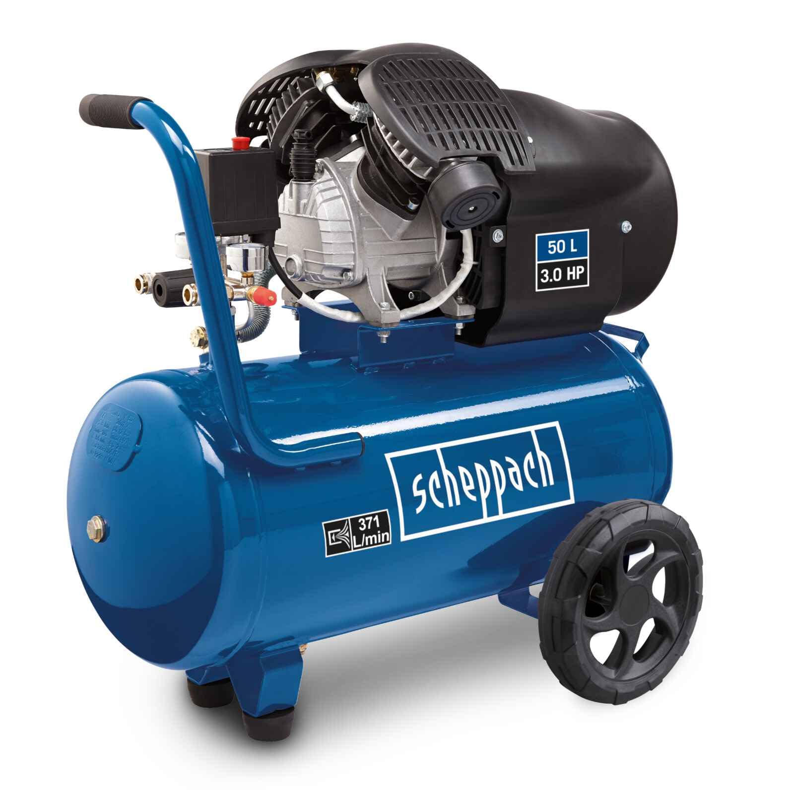 Scheppach Druckluft Kompressor HC53DC | 2200W Leistung | 50L Kessel | 10bar Druck | Ansaugleistung 412 L/min | Druckminderer, ölgeschmiert, Doppelzylinder
