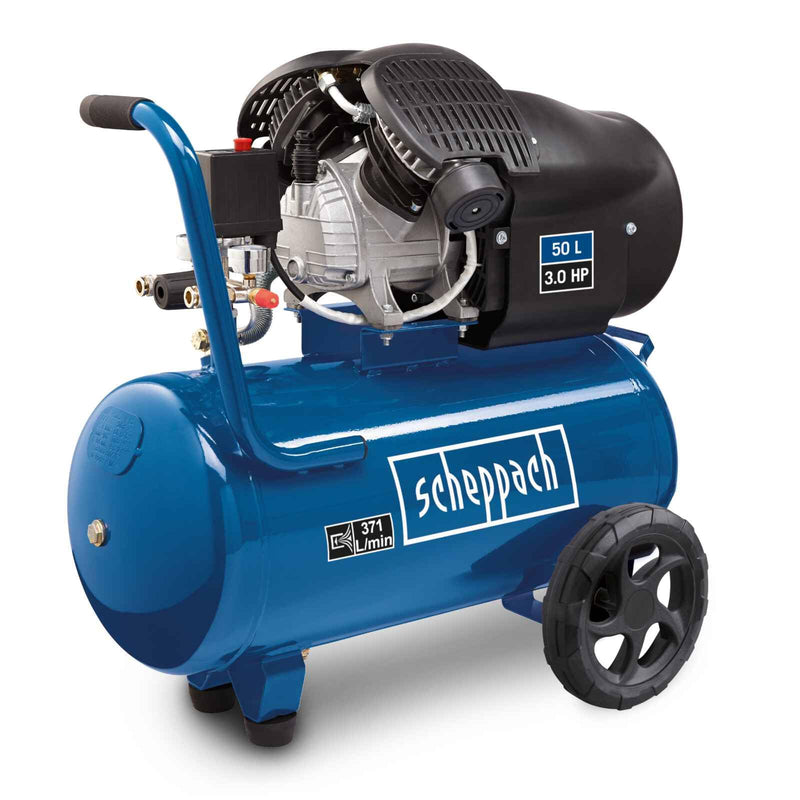 Scheppach Druckluft Kompressor HC53DC | 2200W Leistung | 50L Kessel | 10bar Druck | Ansaugleistung 412 L/min | Druckminderer, ölgeschmiert, Doppelzylinder