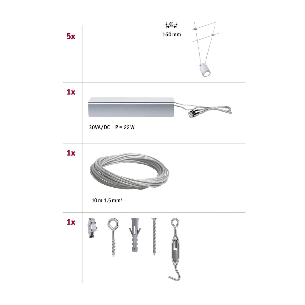 3980 Wire System TunLED 5x4W Weiß/Chrom matt 230/12V 3980 Seilleuchte Seillampe Deckenleuchte Decken