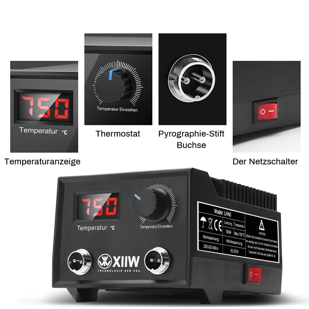 Pyrography Machine, 100W Holzbrenner Set mit 2 Stiften und 33 Tlg Drahtspitzen, Brandmalstation Brennkolben Brandmalerei Brandmalgeräte einstellbar von 0-750°C, Doppelanschluss, für Holz Leder Kürbis