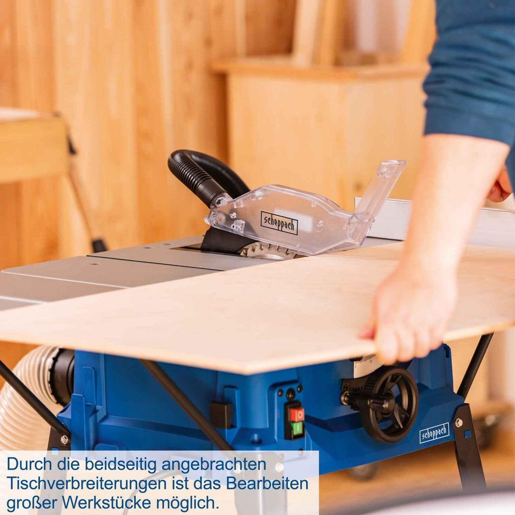 Scheppach Tischkreissäge HS100S | 230V 2000W | Schnitthöhe 85mm | Sägeblatt Ø 250mm | inkl. Tischverbreiterungen und Untergestell | Tischgröße mit Verbreiterung 642 x 940 mm | Tischhöhe 830mm