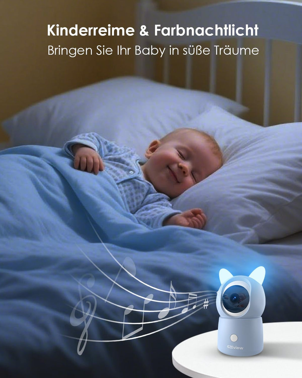 CZEview BM6 Babyphone mit Kamera 2K & 4X Zoom, 5.5" HD WLAN Video Babyfon mit App, Nachtsicht, Bewegungs&Geräusch&Temperaturerkennung, 2-Wege-Gespräch, 360° Ansicht, Musik&Buntes Nachtlicht(Blau)
