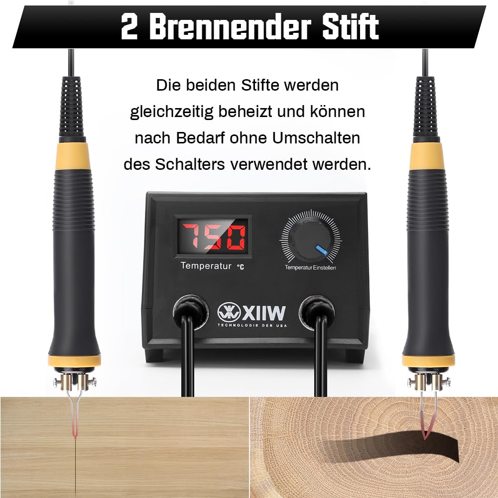 Pyrography Machine, 100W Holzbrenner Set mit 2 Stiften und 33 Tlg Drahtspitzen, Brandmalstation Brennkolben Brandmalerei Brandmalgeräte einstellbar von 0-750°C, Doppelanschluss, für Holz Leder Kürbis