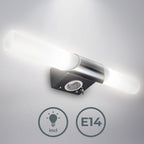 B.K.Licht - Spiegelleuchte Bad mit Steckdose, warmweiße Lichtfarbe, Kippschalter, Badezimmerlampe, Spiegellampe Bad, Lampe Badezimmer, Badlampe Wand, Wandlampe Badezimmer, 44,5x6x11 cm, Chrom