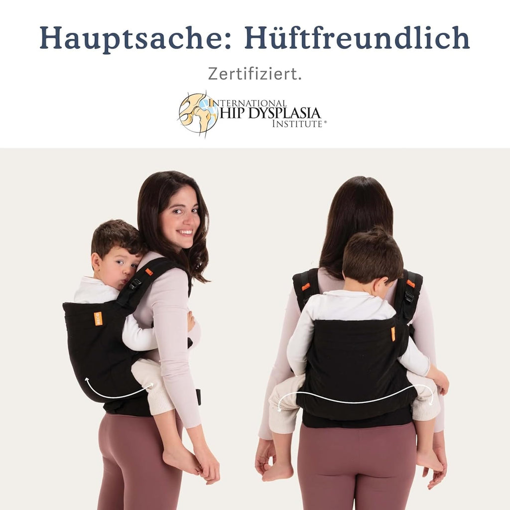 Beco Toddler Babytrage & Kindertrage (9-27 kg) - 100% Baumwoll Trage Kleinkind, Leicht & Atmungsaktiv, Hüftfreundlich mit 2 Tragepositionen: Bauchtrage & Rückentrage (Schwarz)