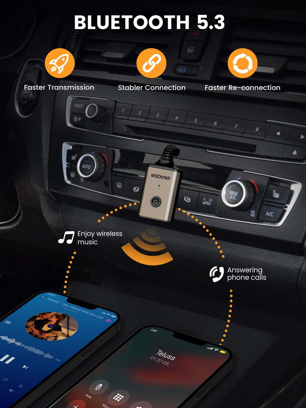 MaedHawk Aux Bluetooth Adapter, Bluetooth 5.3 Adapter Auto 3.5mm Drehbar 180° Bluetooth Empfänger Aux Mini Geeignet für Auto Kopfhörer Lautsprecher(Freisprechen, Dual-Link, 10 Stunden Akkulaufzeit)